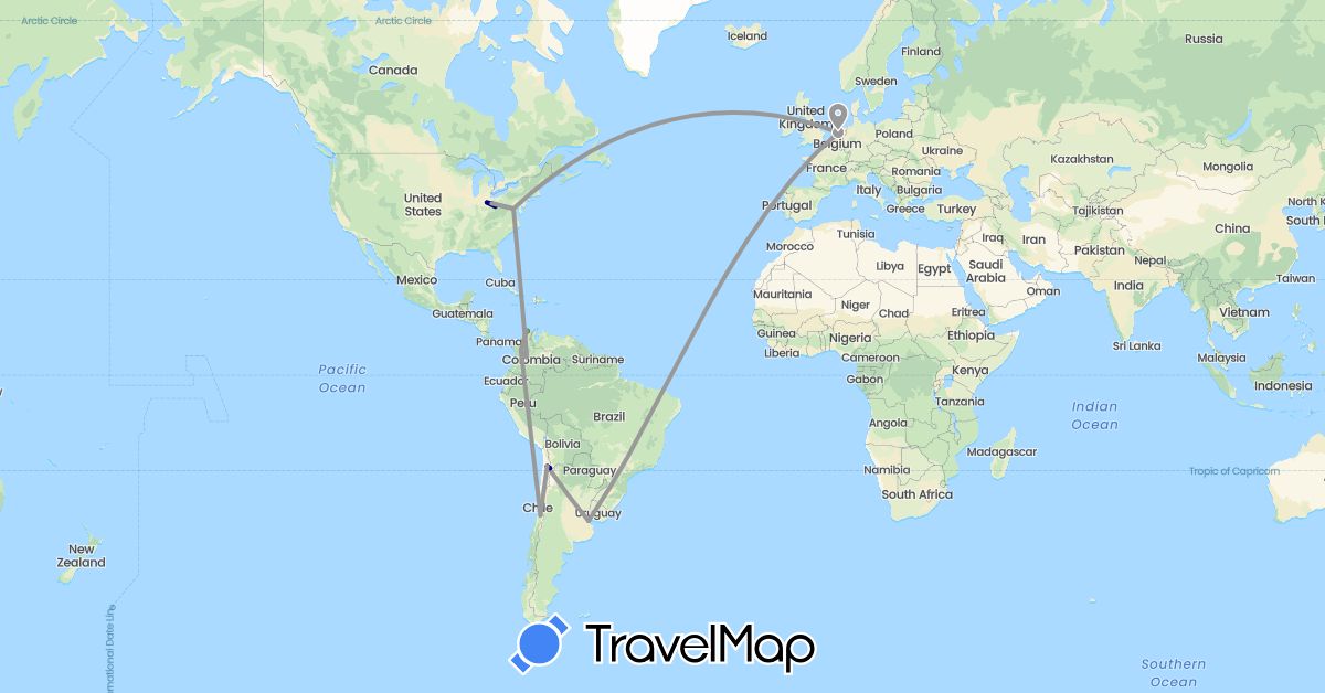 TravelMap itinerary: driving, bus, plane, hiking in Argentina, Chile, Colombia, Netherlands, United States (Europe, North America, South America)